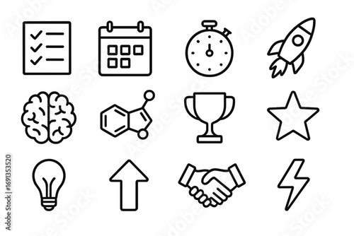 Productive Icon Set. Outline icon set of productivity and dopamine: checklist, calendar, stopwatch, rocket,