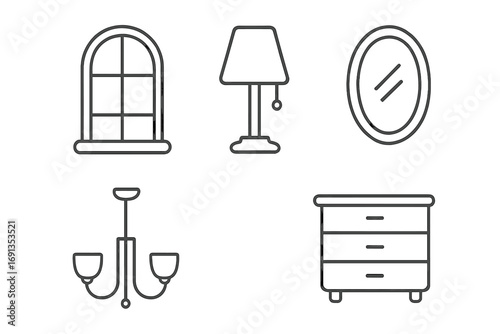 Window lamp mirror dresser chandelier icon set, editable stroke vector illustration. Home furniture decor symbols, web design, apps, cards, books, minimal line art style