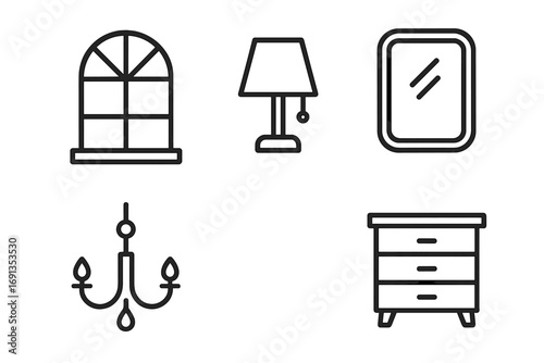 Window lamp mirror dresser chandelier line icons set for home interior design web and app graphics editable stroke vector symbols suitable for books and cards design