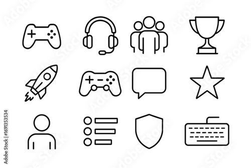 Online Gaming Icons. Outline icon set of multiplayer online games: joystick, headphones, group of people,