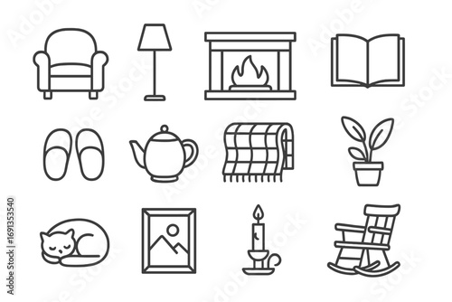 Cozy Home Icons. Outline icon set of cozy home life: armchair, lamp, fireplace, book, slippers, tea pot, knit blanket, indoor