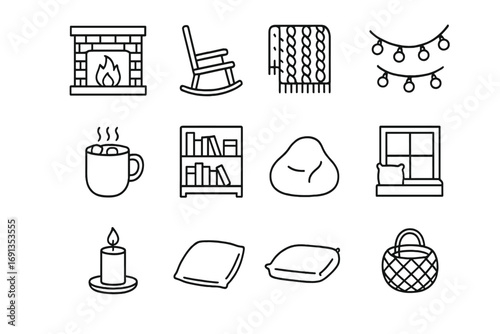 Cozy Home Icons. Outline icon set of cozy interiors: fireplace, rocking chair, knitted blanket, hot cocoa mug, bookshelf, fairy