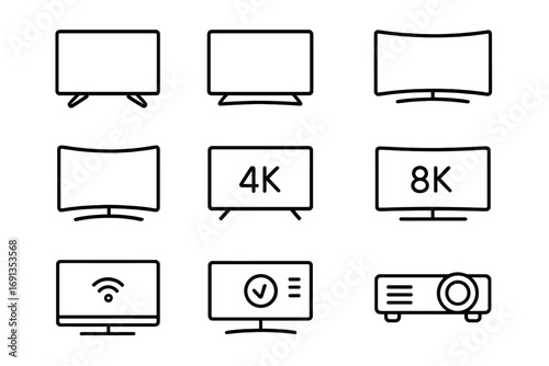 TV Screen Icons. Outline icon set of TV screen types: LED, OLED, QLED, curved, 4K, 8K, smart, projector.