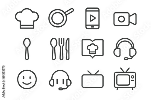 Interactive Cooking Icons. Outline icon set of interactive cooking shows: chef hat, frying pan, smartphone,