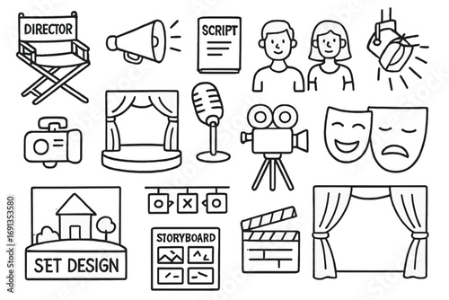 Film Set Doodle. Hand-drawn doodle illustration Actor direction and cues director’s chair, megaphone, script, actors, clipboard,