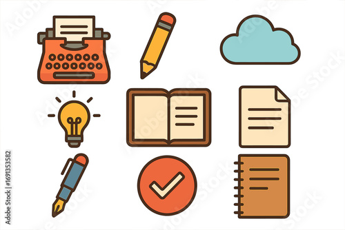 Flat design icon set for writing, ideas, and creativity. Vector collection with typewriter, pencil, notebook, lightbulb for brainstorming, author, blogging, storytelling concept.