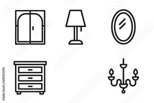 Set of stylish home furniture and decor line icons including window, lamp, mirror, dresser, chandelier, editable stroke, ideal for websites, books, cards, apps design and decoration elements