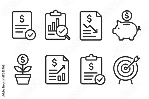 Financial Icon Set. Outline icon set of financial health check: credit report, budget analysis, debt overview, savings, investment