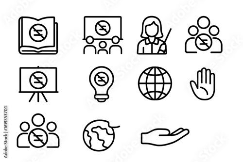 Anti-Discrimination Icon Set. Outline icon set of Anti-discrimination education: book, classroom, teacher,