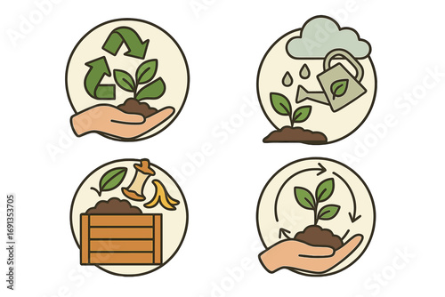 Sustainable gardening practices icon set. Eco-friendly growth and plant care symbols. Vector illustration of composting, recycling, watering, and organic farming concepts.