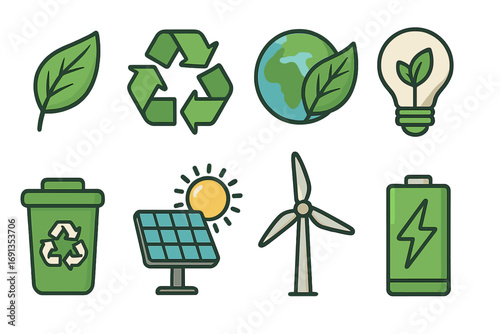 Ecology and environment conservation icon set. Green renewable energy concept. Vector icons for sustainability, recycling, solar power, wind turbine, and eco friendly practices.