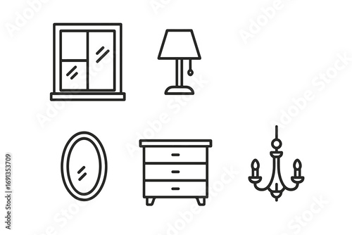 Window, lamp, mirror, dresser, chandelier line icons set in editable stroke style. Simple isolated vector collection for web design, apps, cards, books, and interface elements.