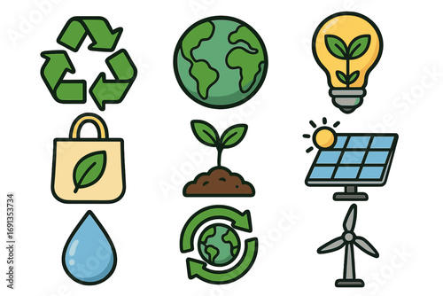 Sustainability icon set for eco-friendly practices. Renewable energy concepts like solar panel and wind turbine. Green future, recycling, and conservation symbols. Vector cartoon.