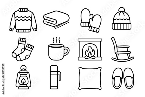 Cozy Winter Icons. Outline icon set of cozy winter items: knitted sweater, blanket, mittens, beanie hat, wool socks, hot chocolate