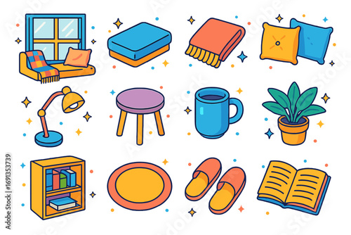 Cozy Window Nook Icons. Colorful isometric vector icons set of a built-in window seat with cozy details: window frame, seat