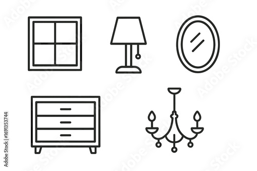 Window, lamp, mirror, dresser, chandelier icons set. Editable stroke thin line vector collection for web, apps, books, cards, design, interior, home decor, furniture illustration