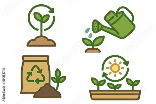 Sustainable gardening icons for eco-friendly growth and plant care. Vector set of agriculture symbols including compost, watering, and sunlight for organic farming concepts.