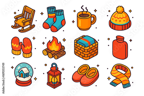 Cozy Winter Icons. Colorful isometric vector icons set of cozy winter retreat: rocking chair, wool socks, steaming mug, knitted