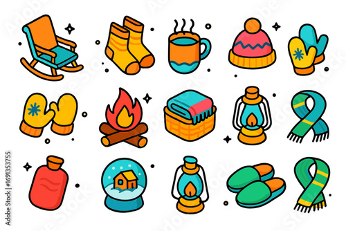 Cozy Winter Icons. Colorful isometric vector icons set of cozy winter retreat: rocking chair, wool socks, steaming mug, knitted