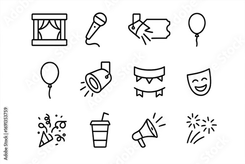 Comedy Festival Icons. Outline icon set of comedy festival: stage, microphone, ticket, balloon, spotlight,