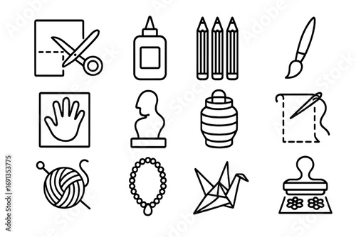 Craft Supplies Icons. Outline icon set of Arts and crafts bonding: cutting paper, glue bottle, colored pencils, paintbrush,