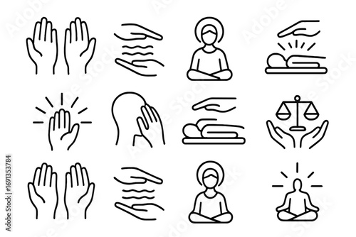 Reiki Healing Icon Set. Outline icon set of Reiki healing: hand positions, energy transfer, spiritual guide,