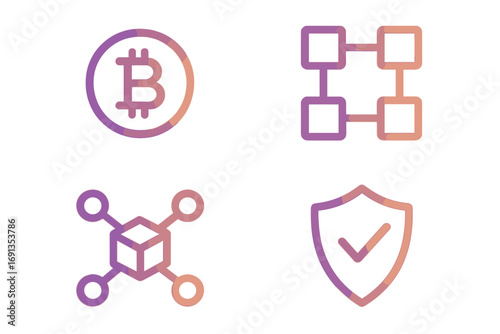Set of gradient crypto and blockchain icons. Minimalist vector symbols for bitcoin, decentralized network, fintech, and secure transaction. Digital currency illustration.