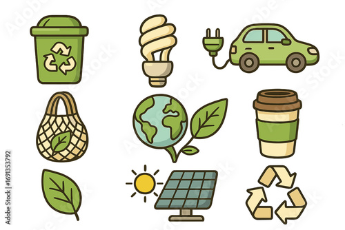 Sustainable lifestyle symbols. Eco-friendly practices. Green energy, recycling, zero waste concept. Electric car, solar panel, reusable bag. Vector cartoon icon set.
