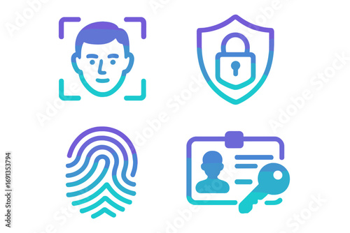 Biometric authentication gradient icon set. Face ID recognition, fingerprint scan, security shield with lock, and personal ID card with key for access control. Data privacy concept.