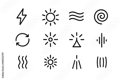 Energy Symbols Icons. Outline icon set of Energy symbols: lightning bolt, sun rays, aura waves, spiral,