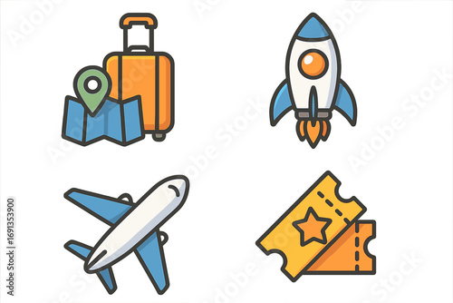 Travel icon set for tourism and adventure. Vector collection with airplane, space rocket, luggage with map, and event tickets. Flight, vacation, and exploration concept.