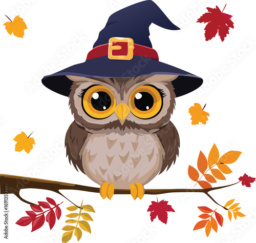 A cute cartoon owl wearing a witch hat, perched on a branch with autumn leaves. A fun vector illustration for Halloween and the fall season. Generative AI
