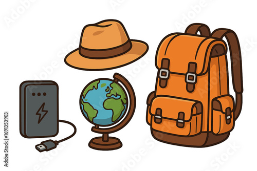 Travel essentials vector set for adventure and tourism. Cartoon collection with backpack, hat, power bank, and globe. Ready for exploration, journey, and vacation.