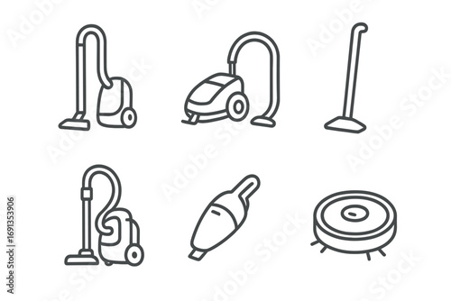 Set of Six Minimalist Vacuum Cleaner Icons, Vector Linear Style, Household Cleaning Tools Illustration, Modern Cartoon Design, Transparent Background, Icon Collection for Cleaning Equipment