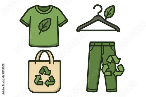 Eco-friendly clothing icon set. Sustainable fashion concept with t-shirt, hanger, pants and tote bag. Green, ethical, organic, and recycled apparel. Vector illustration.