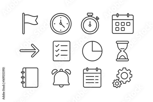 Project Milestone Icons. Outline icon set of project milestones: flag, clock, stopwatch, calendar, arrow,