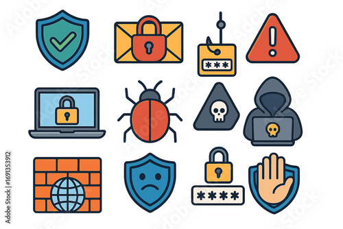 Cybersecurity icon set. Internet security, data protection concepts. Hacker, virus, malware, phishing, firewall, password, privacy. Digital threat & safety vector icons.
