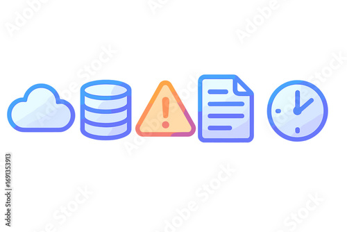 Gradient icons set of cloud, database, alert, document, clock. For digital interfaces, web design, app UI UX. Vector cartoon illustration of data storage, warning, time management.