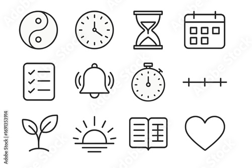Life Balance Icons. Outline icon set of life balance and timing: yin-yang, clock, hourglass, calendar,