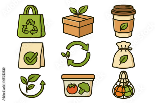 Eco friendly icons set for sustainable living. Zero waste, reusable packaging, and recycling symbols. Green lifestyle concepts for food storage and shopping. Vector illustration.