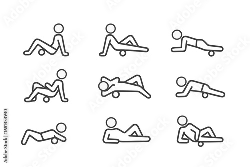 Foam Roller Anatomy Icons. Outline icon set of foam roller anatomy focus: calves, hamstrings, quadriceps, glutes, back, shoulders,