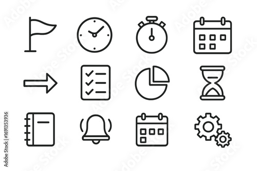 Project Milestone Icons. Outline icon set of project milestones: flag, clock, stopwatch, calendar, arrow,