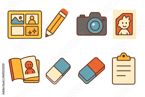 Creative Tools & Teamwork. Flat vector mini-illustrations Mural creation crew in colors children's illustrations: ladder, paint