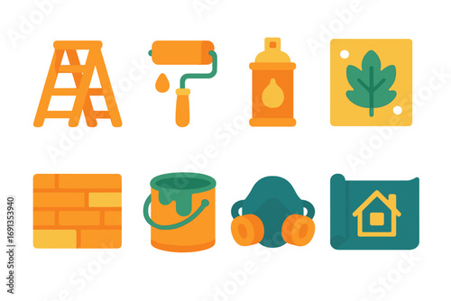 Creative Tools & Teamwork. Flat vector mini-illustrations Mural creation crew in colors children's illustrations: ladder, paint