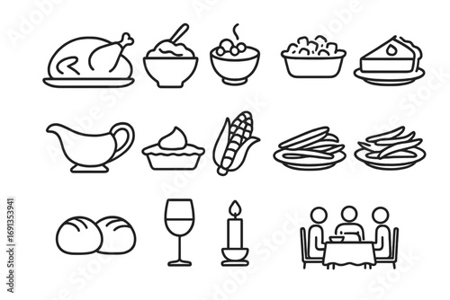 Thanksgiving Dinner Icons. Outline icon set of Thanksgiving dinner: roast turkey, mashed potatoes, cranberry