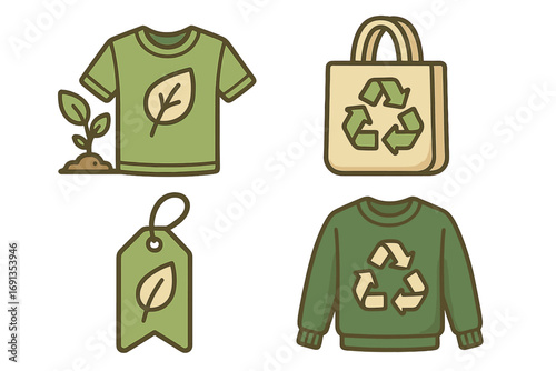 Eco friendly clothing icon set. Sustainable fashion and recycling concept. Slow fashion, ethical production, organic textile. Conscious consumerism. Vector cartoon illustration.