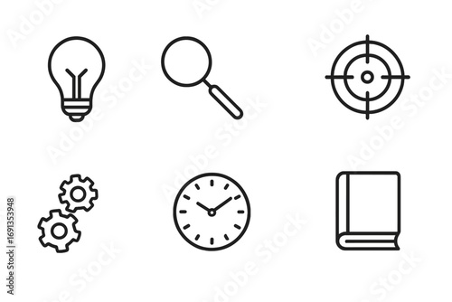 Focus and Clarity Icons. Outline icon set of focus and clarity: light bulb, magnifying glass, target, eye, gears, clock, book,