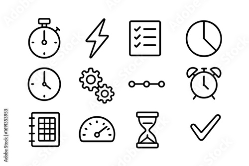 Time Efficiency Icons. Outline icon set of time efficiency: stopwatch, lightning bolt, checklist, pie chart,