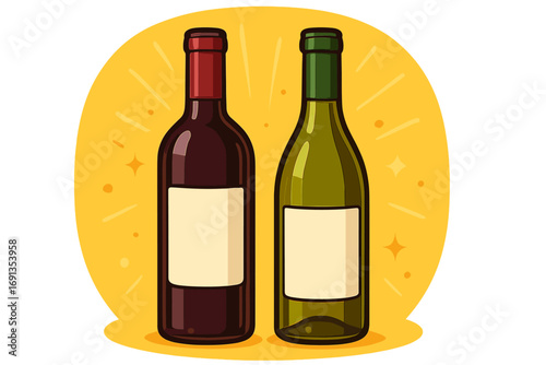Two wine bottles, red and white, with blank labels for mockup. Vector illustration for alcohol beverage presentation. Cartoon design for wine list, menu or celebration.