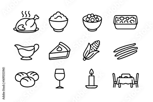 Thanksgiving Dinner Icons. Outline icon set of Thanksgiving dinner: roast turkey, mashed potatoes, cranberry